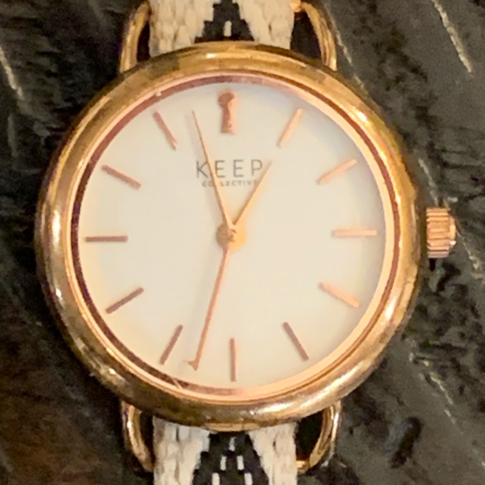 Unique Women’s Watch, Keep Brand, White Face Gold Bezel, Cool Band With Trinkets